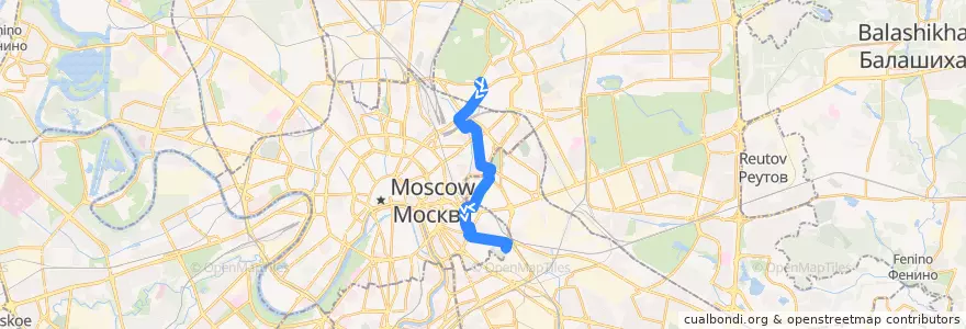 Mapa del recorrido Трамвай 45: Сокольническая Застава => Новоконная площадь de la línea  en Moscou.