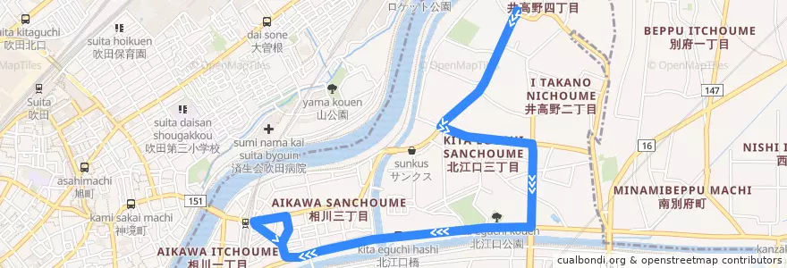 Mapa del recorrido 27: 井高野車庫～地下鉄井高野～相川駅 de la línea  en 東淀川区.