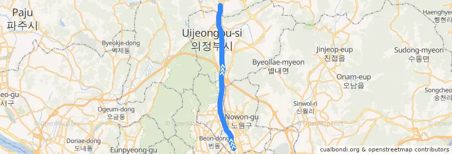 Mapa del recorrido 수도권 전철 1호선 경원 계통: 광운대 → 양주 de la línea  en كوريا الجنوبية.
