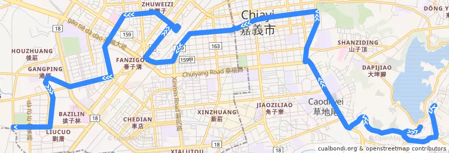 Mapa del recorrido 嘉義市 中山幹線A線: 嘉義大學蘭潭校區→劉厝社區(往程) de la línea  en Chiayi.