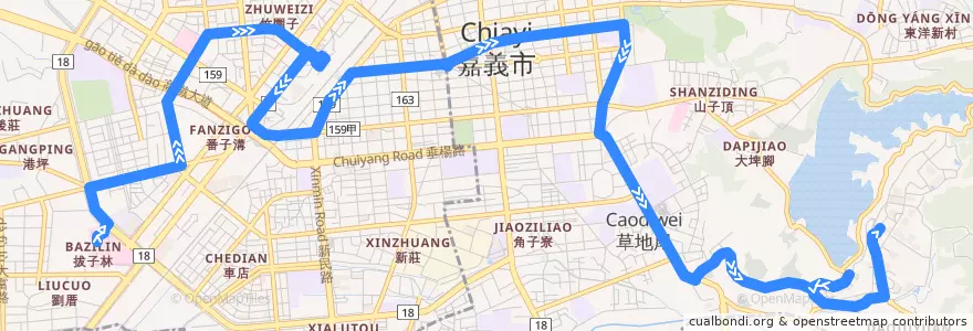 Mapa del recorrido 嘉義市 中山幹線: 嘉義榮民醫院→嘉義大學蘭潭校區(返程) de la línea  en Chiayi.