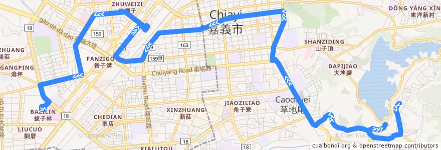 Mapa del recorrido 嘉義市 中山幹線: 嘉義大學蘭潭校區→嘉義榮民醫院(往程) de la línea  en Chiayi.