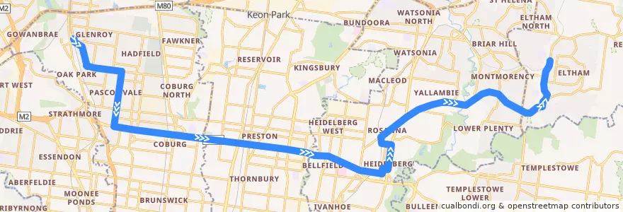 Mapa del recorrido Bus 513: Glenroy => Lower Plenty => Eltham de la línea  en Victoria.