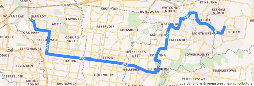 Mapa del recorrido Bus 513: Glenroy => Greensborough => Eltham de la línea  en Victoria.