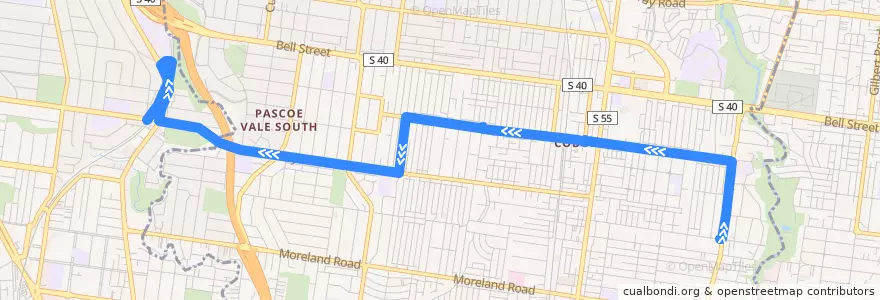 Mapa del recorrido Bus 512: East Coburg => Coburg & Coburg West & Pascoe Vale South => Strathmore de la línea  en City of Moreland.