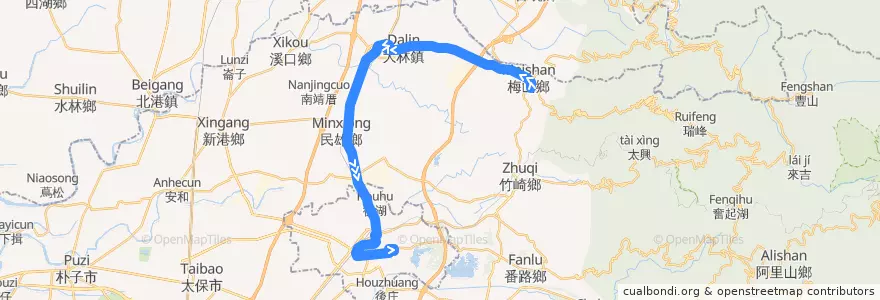 Mapa del recorrido 公路客運 7304: 梅山→嘉義(經大林)(返程) de la línea  en Comté de Chiayi.