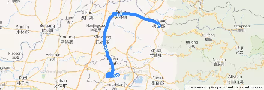 Mapa del recorrido 公路客運 7304: 嘉義→梅山(經大林)(往程) de la línea  en Landkreis Chiayi.