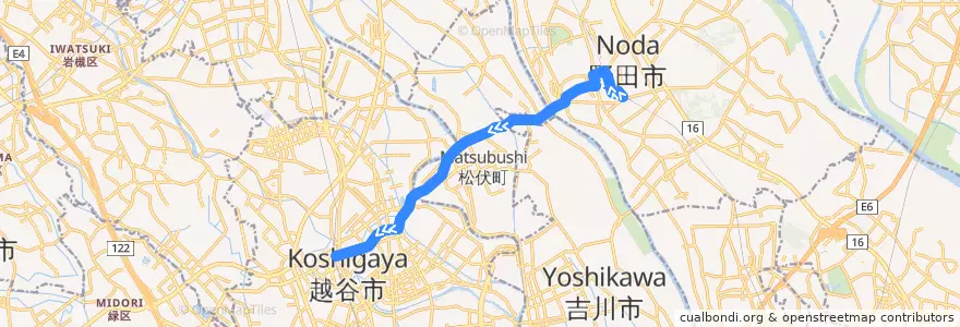 Mapa del recorrido 茨急バス 野田市駅⇒中野台・東大沢橋⇒北越谷駅 de la línea  en Japonya.
