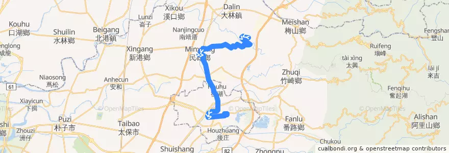 Mapa del recorrido 公路客運 7309: 中正大學→嘉義(延駛南華大學)(返程) de la línea  en Comté de Chiayi.