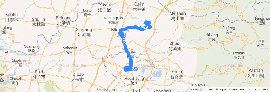 Mapa del recorrido 公路客運 7309: 嘉義→中正大學(延駛南華大學)(往程) de la línea  en 嘉義縣.
