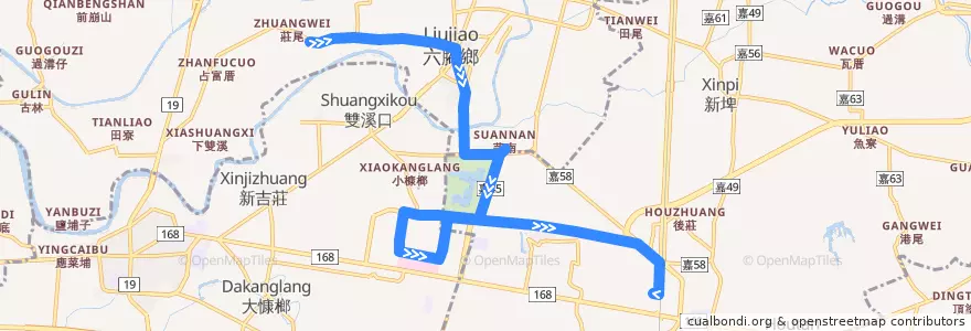 Mapa del recorrido 嘉義縣 105A: 溪厝村→高鐵嘉義站(返程) de la línea  en Comté de Chiayi.