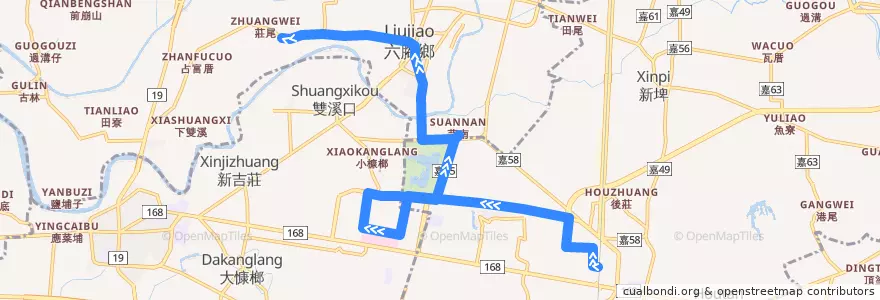 Mapa del recorrido 嘉義縣 105A: 高鐵嘉義站→溪厝村(往程) de la línea  en Condado de Chiayi.