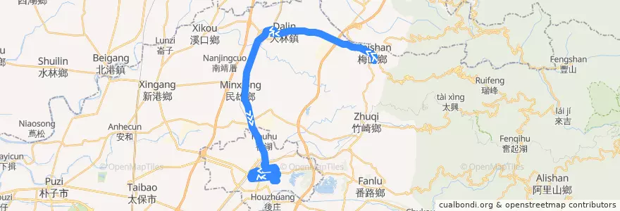 Mapa del recorrido 公路客運 7304B: 梅山→嘉義(經大林,繞駛嘉義市學區)(返程) de la línea  en Chiayi County.