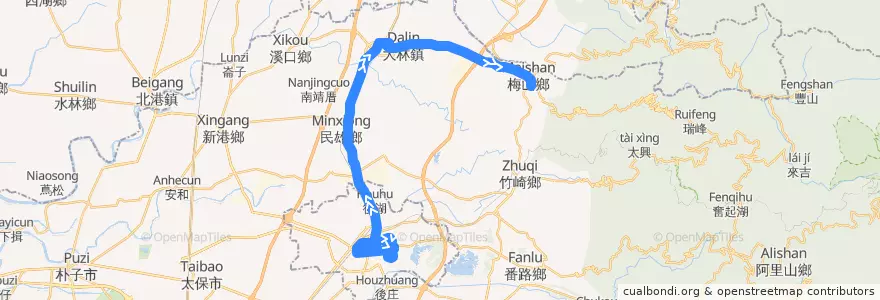 Mapa del recorrido 公路客運 7304B: 嘉義→梅山(經大林,繞駛嘉義市學區)(往程) de la línea  en مقاطعة شياي.