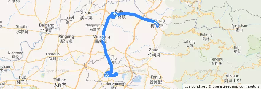 Mapa del recorrido 公路客運 7304A: 梅山→嘉義(經大林,繞駛慈濟醫院)(返程) de la línea  en مقاطعة شياي.
