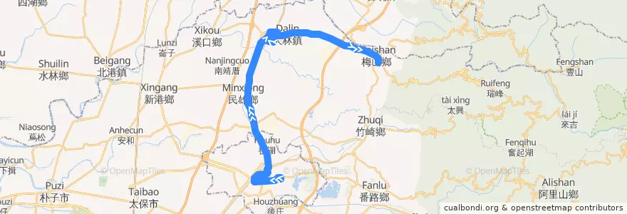 Mapa del recorrido 公路客運 7304A: 嘉義→梅山(經大林,繞駛慈濟醫院)(往程) de la línea  en Chiayi County.