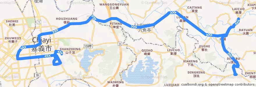 Mapa del recorrido 公路客運 7319A: 嘉義→番路(不繞駛黃心寮、繞駛塘下寮、嘉義市學區, 往程) de la línea  en Comté de Chiayi.