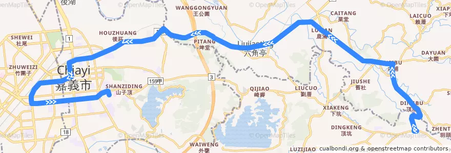 Mapa del recorrido 公路客運 7319F: 番路→嘉義(不繞駛黃心寮, 返程) de la línea  en Condado de Chiayi.