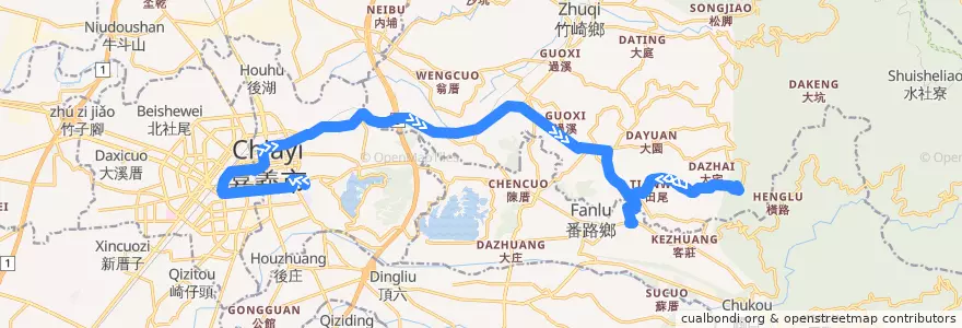 Mapa del recorrido 公路客運 7319C: 嘉義→番路(繞駛靈巖寺, 往程) de la línea  en Condado de Chiayi.