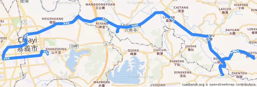 Mapa del recorrido 公路客運 7319E: 嘉義→番路(繞駛灣橋分院, 往程) de la línea  en Comté de Chiayi.