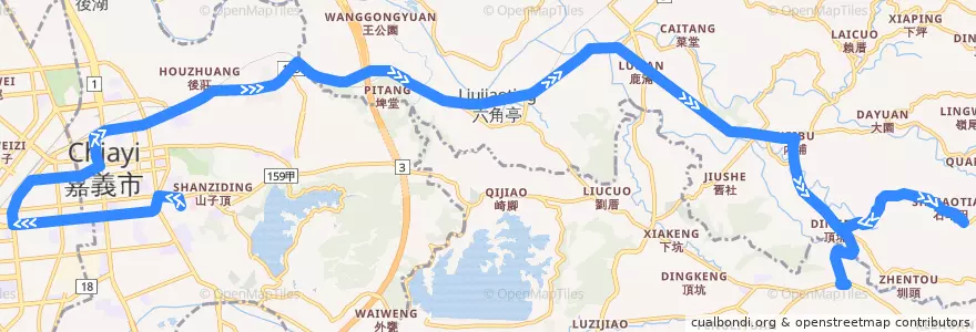 Mapa del recorrido 公路客運 7319: 嘉義→番路(往程) de la línea  en Chiayi County.