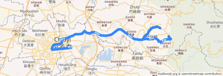 Mapa del recorrido 嘉義縣 101A: 嘉義→塘興村(繞桃子斜, 往程) de la línea  en 嘉義縣.
