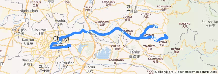 Mapa del recorrido 嘉義縣 101A: 塘興村→嘉義(繞桃子斜, 返程) de la línea  en Condado de Chiayi.