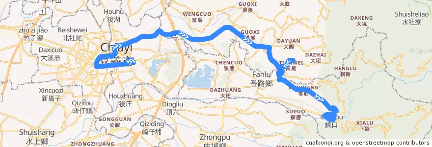 Mapa del recorrido 公路客運 7319D: 嘉義→番路(延駛黎明國小, 往程) de la línea  en Condado de Chiayi.