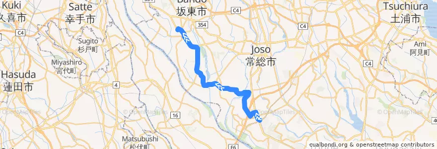 Mapa del recorrido 関東鉄道バス (急行)守谷駅西口⇒自然博物館入口⇒岩井バスターミナル de la línea  en Ибараки.