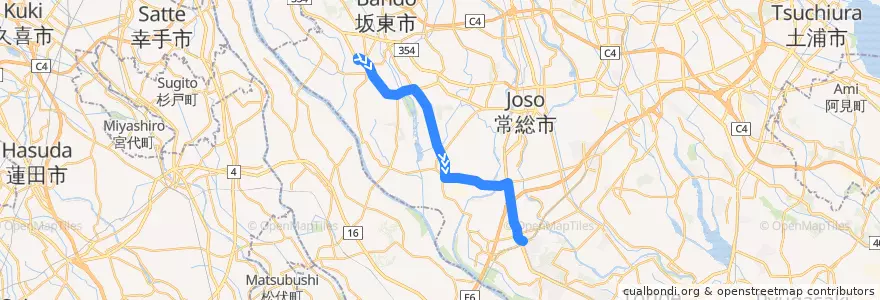 Mapa del recorrido 関東鉄道バス (直行坂東号)岩井バスターミナル⇒神田山⇒守谷駅西口 de la línea  en Prefectura de Ibaraki.