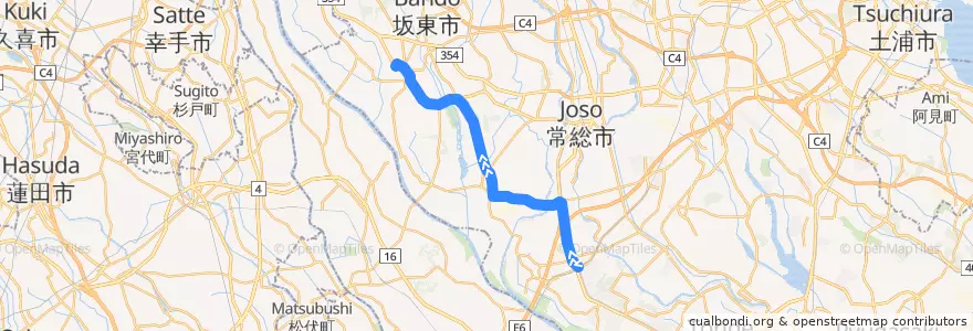 Mapa del recorrido 関東鉄道バス (直行坂東号)守谷駅西口⇒神田山⇒岩井バスターミナル de la línea  en Prefettura di Ibaraki.