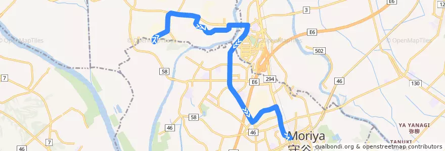 Mapa del recorrido 関東鉄道バス 内守谷工業団地⇒きぬの里⇒守谷駅西口 de la línea  en Ибараки.