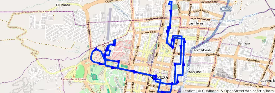 Mapa del recorrido 111-113 - Club Hípico - B° Olivares - U.N.C. por Hospital Central de la línea G03 en Ciudad de Mendoza.