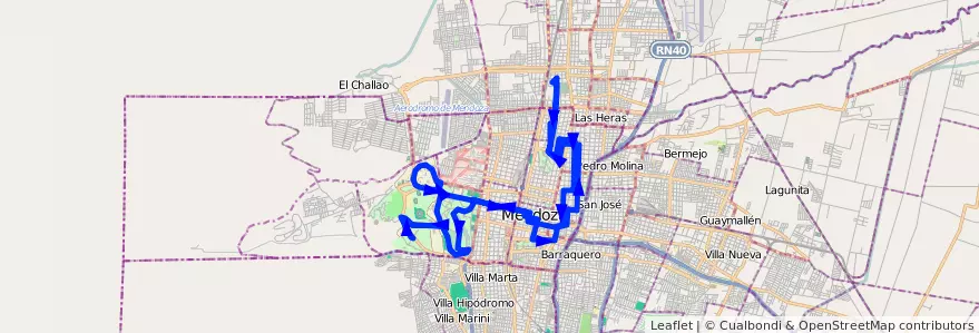 Mapa del recorrido 111-113 - Club Hípico - E.G.B. - B° Olivares - U.N.C. por Hospital Central de la línea G03 en Ciudad de Mendoza.