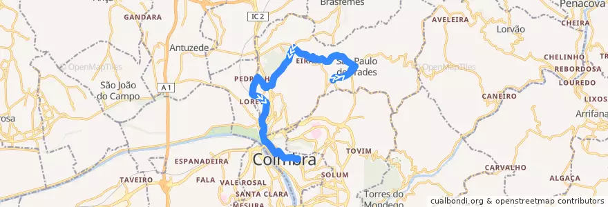 Mapa del recorrido 30F: Lordemão => São Paulo de Frades => Manutenção de la línea  en Coïmbre.