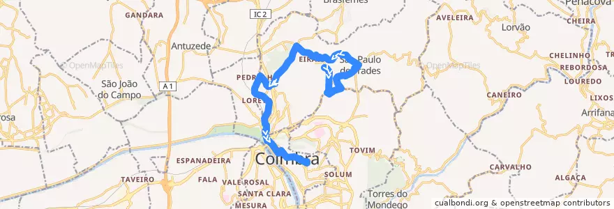 Mapa del recorrido 30A: Redonda => São Paulo de Frades => Praça da República de la línea  en Coimbra.