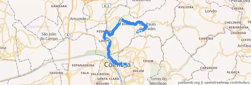 Mapa del recorrido 30T: Lordemão => São Paulo de Frades => Pr. República => Antero de Quental de la línea  en Coímbra.