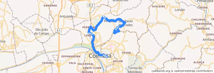 Mapa del recorrido 30F: Praça da República => São Paulo de Frades => Lordemão de la línea  en Coimbra.