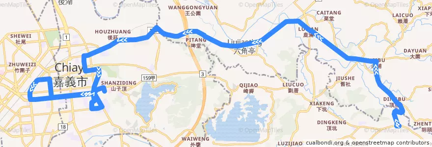 Mapa del recorrido 公路客運 7319G: 番路→嘉義(不繞駛黃心寮、繞駛嘉義市學區, 返程) de la línea  en Condado de Chiayi.