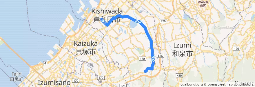 Mapa del recorrido 613: 岸和田駅前-白原車庫 de la línea  en 岸和田市.
