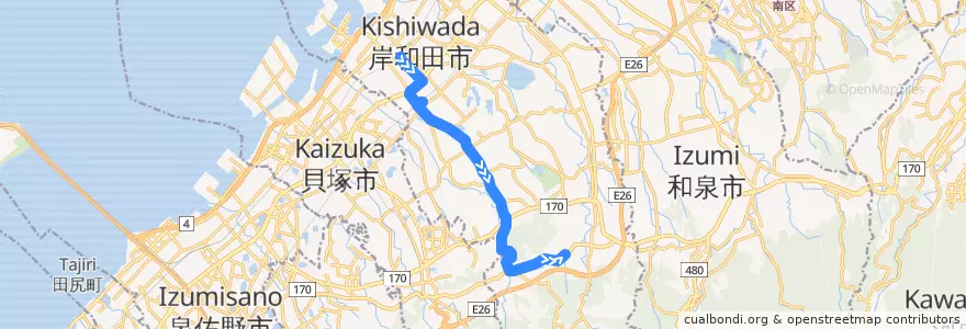 Mapa del recorrido 643: 岸和田駅前-白原車庫 de la línea  en 岸和田市.
