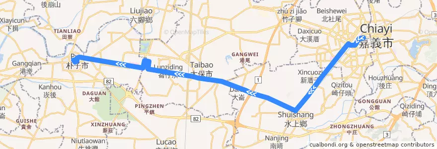 Mapa del recorrido 公路客運 7205I: 嘉義→朴子(繞駛永慶高中, 往程) de la línea  en 嘉義県.