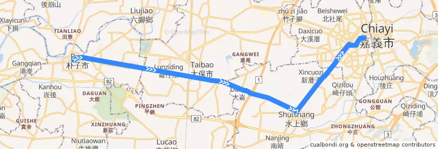 Mapa del recorrido 公路客運 7205: 朴子→嘉義(返程) de la línea  en Landkreis Chiayi.