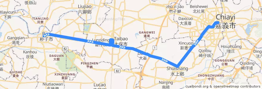 Mapa del recorrido 公路客運 7205H: 朴子→嘉義(繞駛嘉義高鐵, 返程) de la línea  en Contea di Chiayi.