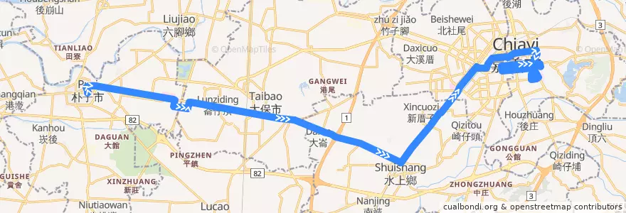 Mapa del recorrido 公路客運 7324H: 朴子→嘉義(繞駛嘉義高工, 返程) de la línea  en Chiayi County.