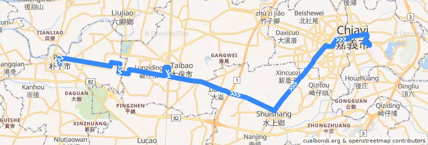 Mapa del recorrido 公路客運 7324E: 朴子→嘉義(經高鐵、長庚, 返程) de la línea  en مقاطعة شياي.
