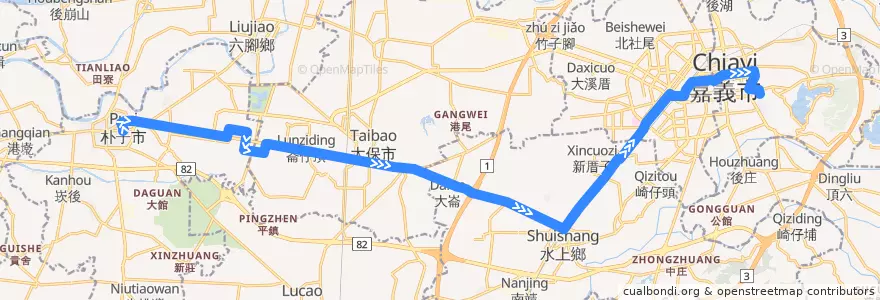 Mapa del recorrido 公路客運 7324C: 朴子→嘉義(經長庚, 返程) de la línea  en Condado de Chiayi.