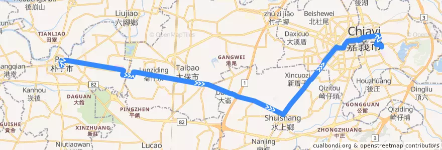Mapa del recorrido 公路客運 7324: 朴子→嘉義(返程) de la línea  en Contea di Chiayi.
