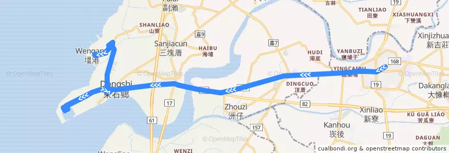 Mapa del recorrido 公路客運 7233A: 朴子→塭港(繞駛東石漁人碼頭, 往程) de la línea  en 東石鄉.