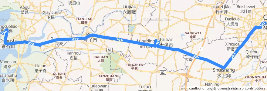 Mapa del recorrido 公路客運 7206H: 塭港→嘉義(繞駛嘉義高鐵, 返程) de la línea  en Chiayi County.